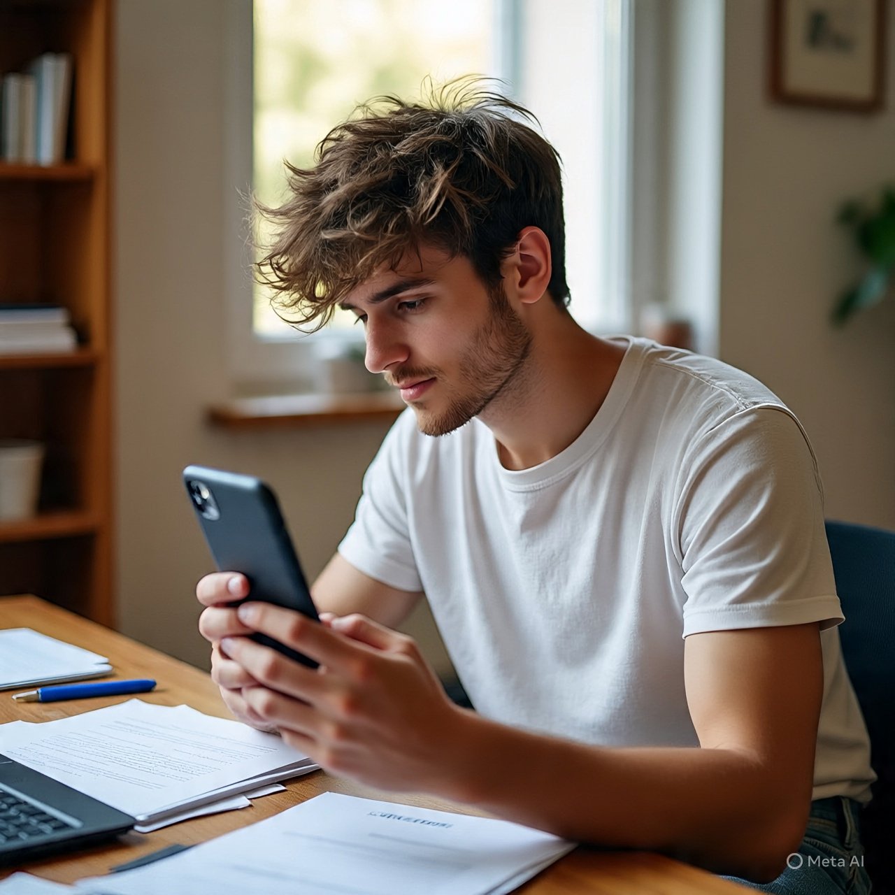 شاب يعمل على هاتفه من المنزل